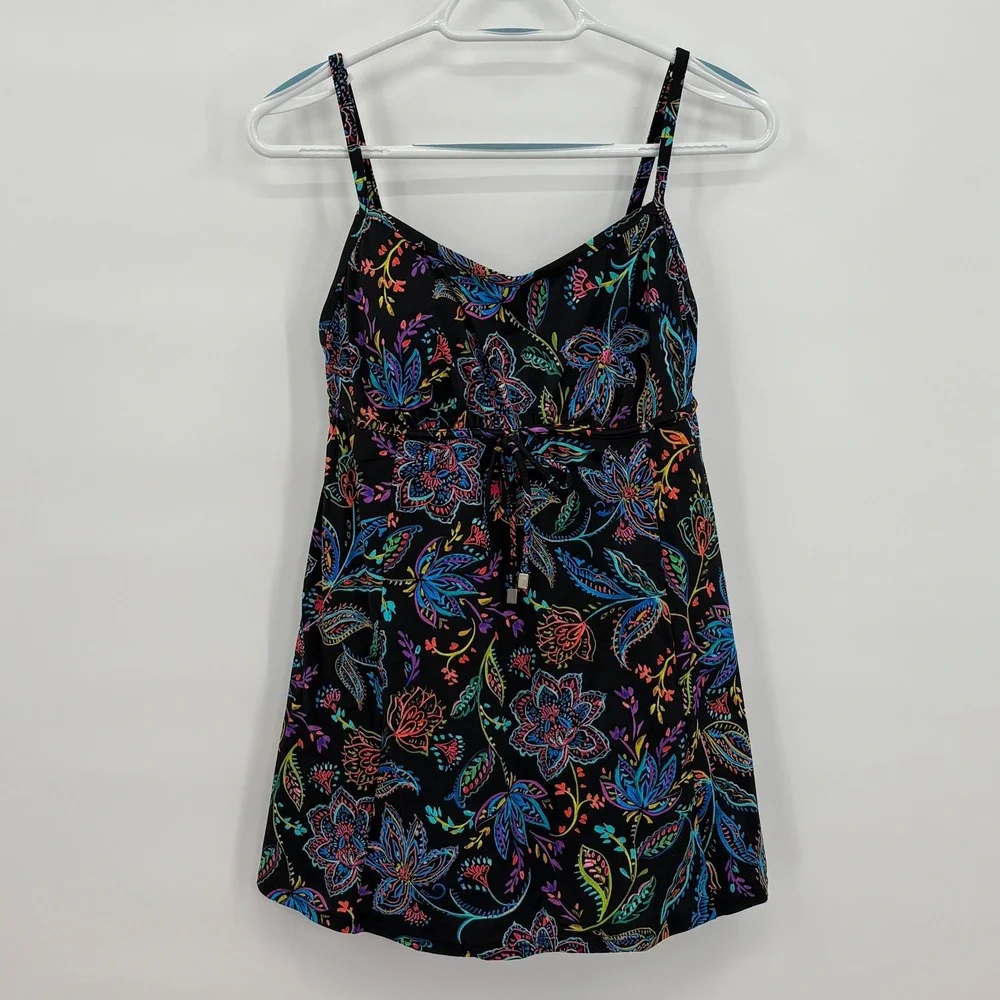 Womens Floral‎ Swim Dress Black Multicolor Adjustable Straps Empire Waist NWOT